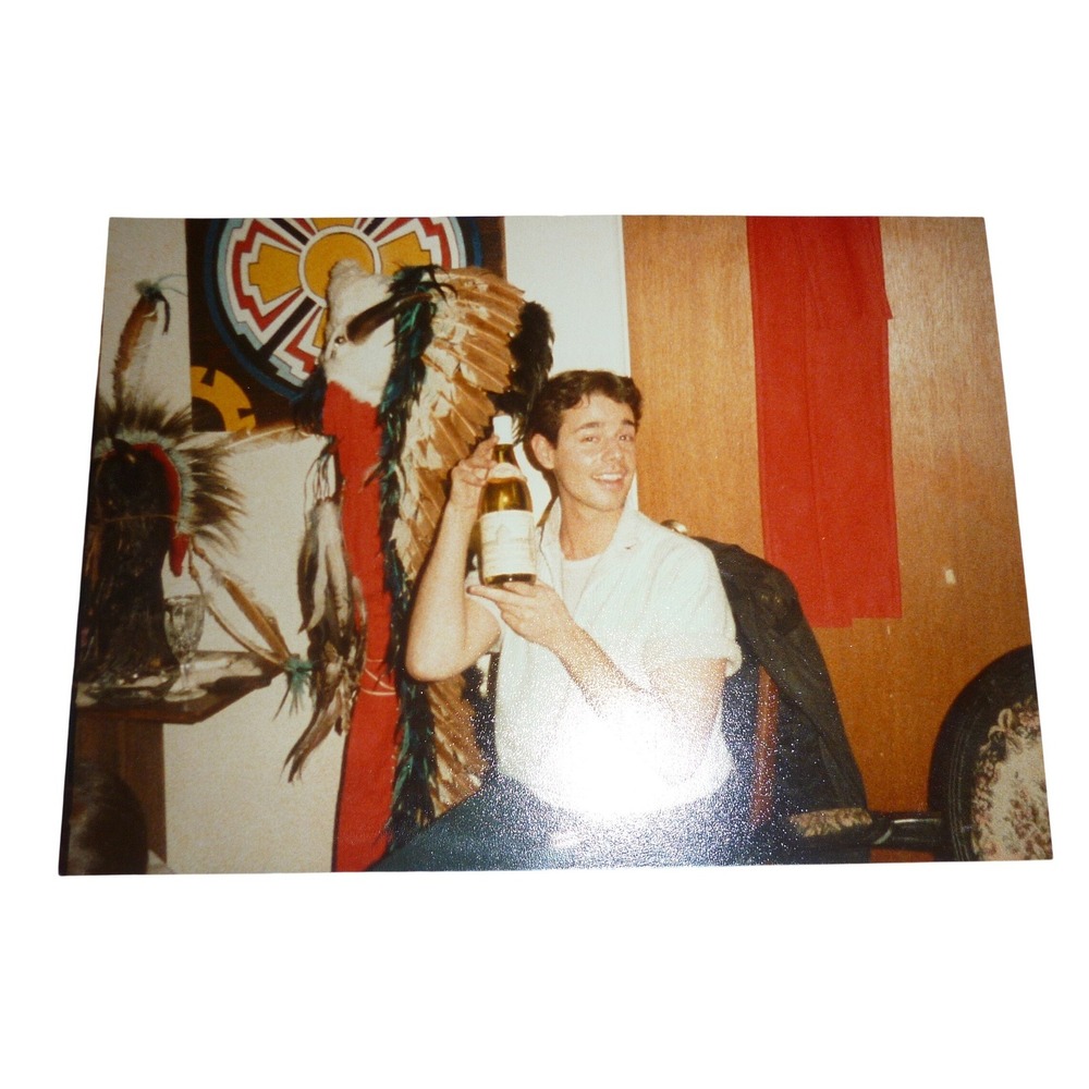 Original 1980s Interior Snapshot: Man with Wine Bottle &‎ Indigenous Decor